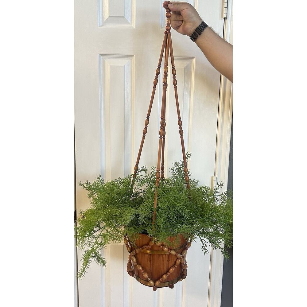 Vintage MCM 70’s Gorgeous Faux Fern Hanging Plant with Wooden Macrame Basket